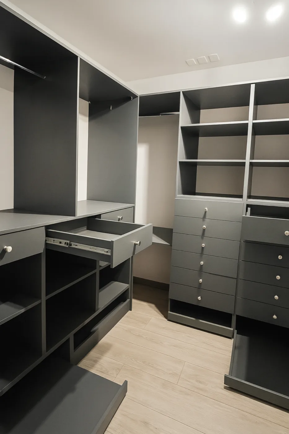 Walking closet a medida con cajoneras y repisas en gris